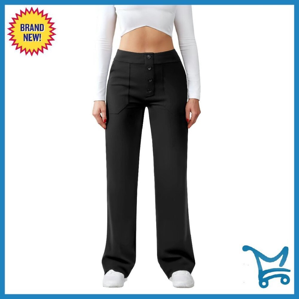 High Waist Straight Leg Work Pants Stretchy Button Pocket Trousers
